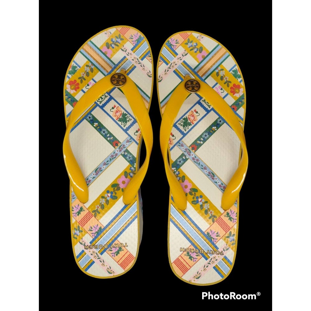 Tory Burch Floral Ribbon Weave with Gold Logo Platform Thong Flip Flops 8.5